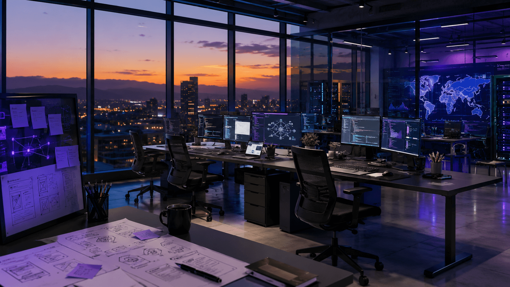 From vision to hyper-scale — engineering workspace overlooking the city